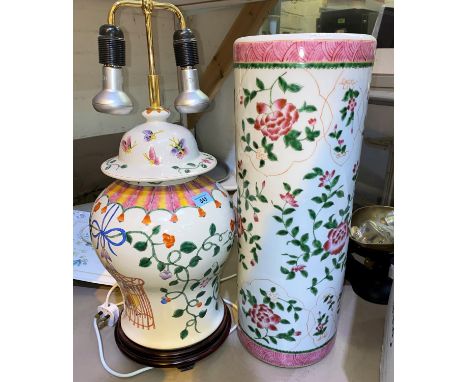 A modern Chinese style stick stand; a similar covered vase/table lamp; 2 other table lamps; boxed Royal Worcester 