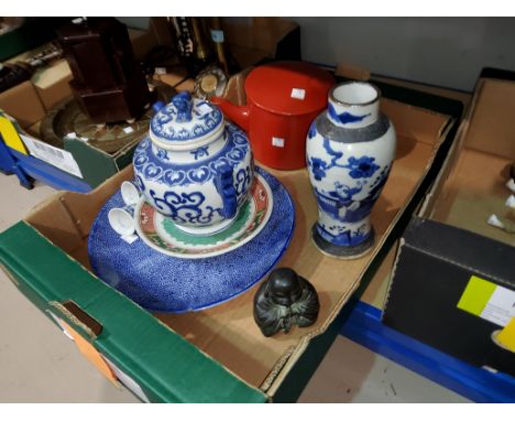 A Japanese enamel dish, 12 cm; a red lacquer teapot, 25 cm; other Asian china 