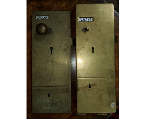 Two early 20th century brass lavatory locks, with enamelmessage signs, one Lockerbie and Wilkinson of Tipton 