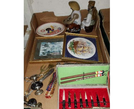 A modern Chinese writing/brush set; two modern Chinese figures; a reproduction powder flask, other various collectables, incl