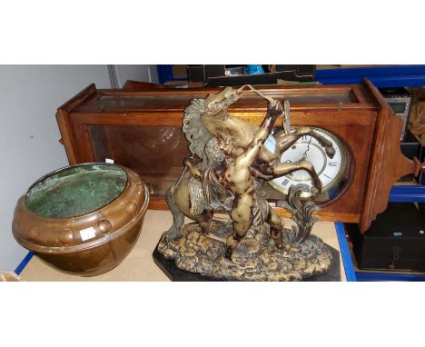 A cast brass Marley horse, 30cm high, a modern Vienna wallclock, a copper planter 