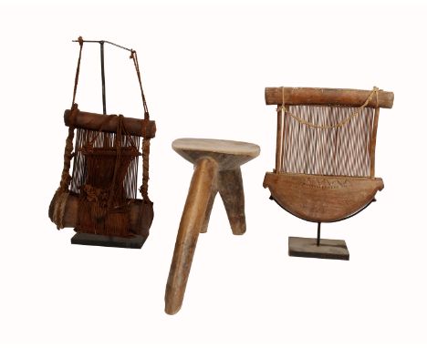 A small African hardwood tripod stool together with 2 looms for fine weaving