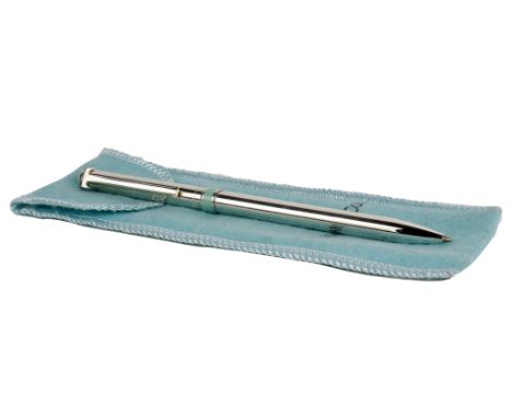 A Tiffany Silver pen with green enamel collar. Marked Tiffany 925 USA. With original sleeve and box. 