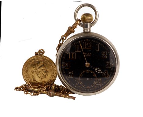 Rolex, - British Military Issue nickel cased pocket watch, ref.G.S. MK.II A.8540, signed black dial with gilt minute track, s