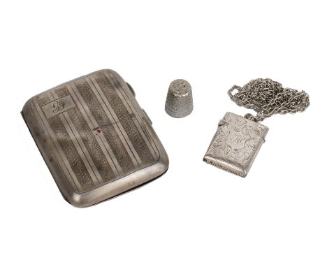 A sterling silver cigarette case with engine turned decoration together with a vesta and thimble. 