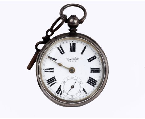 A Victorian sterling Silver pocket watch by TJ Mercer Coventry. White enamel face with Roman numeral markers. Key wind moveme