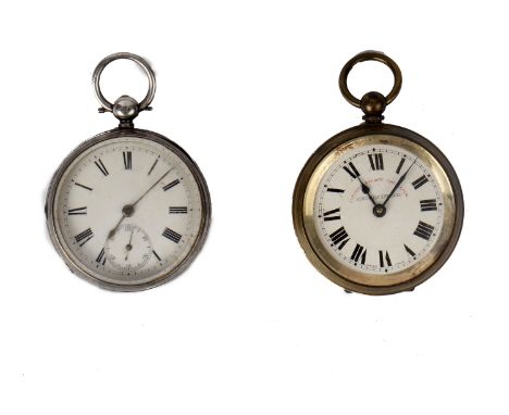 A Victorian Sterling silver key wind pocket watch, London 1878. Roman numeral markers to a white enamel face with subsidiary 