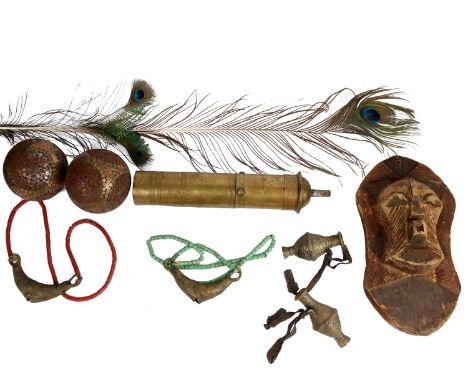 A brass cased grinder together with two beadwork necklaces and other metal ware