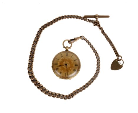 An 18k gold ladies open faced pocket watch, gold face with roman numeral markers on a 9ct curb link albert chain with 9ct hea