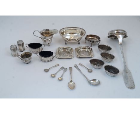 A collection of silver and white metal items, including: a Continental fiddle pattern silver ladle, 12 loth standard, 32cm lo