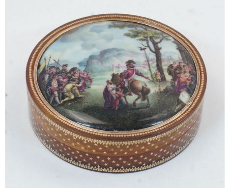 A French enamel mounted tortoiseshell snuff box, 19th century, inset with pique stars, the cover with a nobleman on horseback