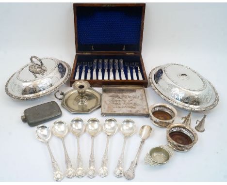 A small quantity of silver plate, including: an oak cased set of six mother of pearl handled fruit knives and forks, with cha