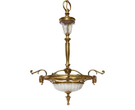 A gilt-brass and glass ceiling light, early 20th century, the circlet with ram head mounts, 78cm highIt is the buyer's respon