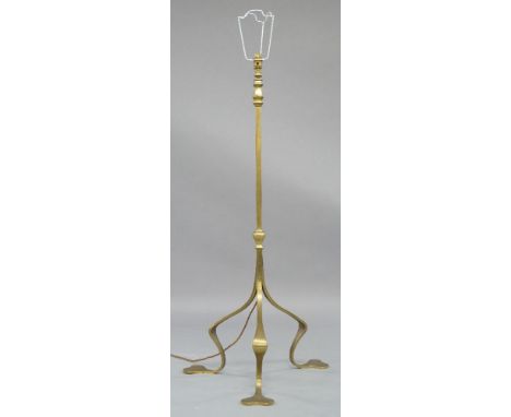 Arts & Crafts style brass standard lamp in the manner of WAS Benson, 20th Century, the square section stand on tripod support