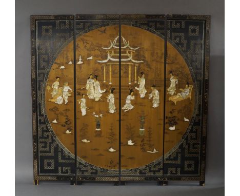 A Chinese black lacquered four fold screen, 20th century, one side gilt painted and decorated with figures in pagoda scenes, 