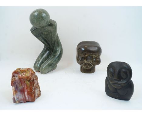 A group of Shona stone sculpture, comprising: Misheck Makaza, Zimbabwean, b.1977, Humble, an opal stone sculpture of a kneeli