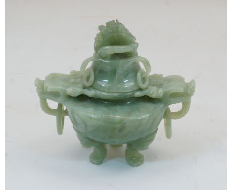 A modern Chinese green hardstone censer and cover, with ring and dragon-head handles, 14cm high, 15cm widePlease refer to dep