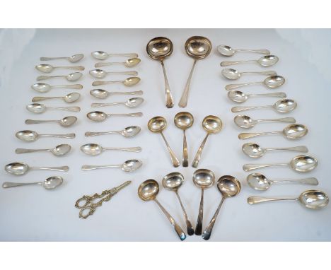 A collection of silver plate, comprising: twelve dessert spoons; twelve soup spoons and nine dessert spoons by Rogers; fiftee