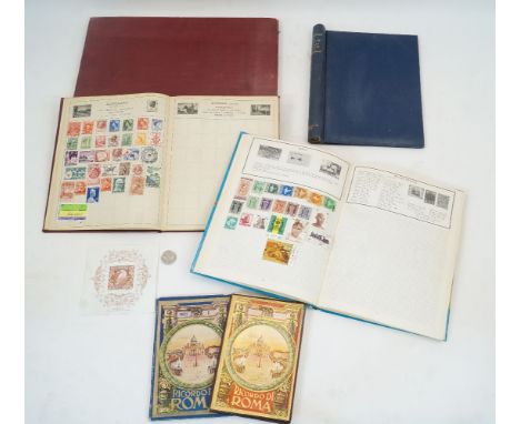 Two stamp albums, containing mostly Elizabeth II GB and Commonwealth stamps, and two empty stamp albums, together with a quan