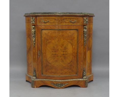 A French kingwood serpentine front side cabinet, mid to late 20th century, gilt metal mounted with green marble top, above si