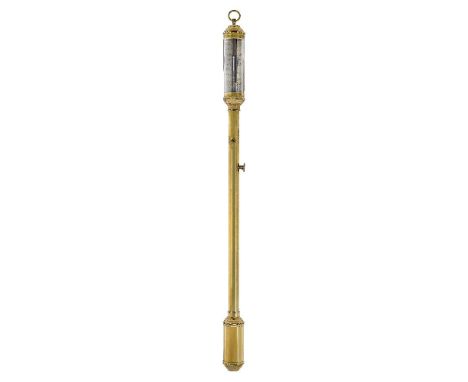 A Portuguese brass marine stick barometer, R.N. Desterro, Lisbon, in slender brass case with cylindrical cistern cover and gi