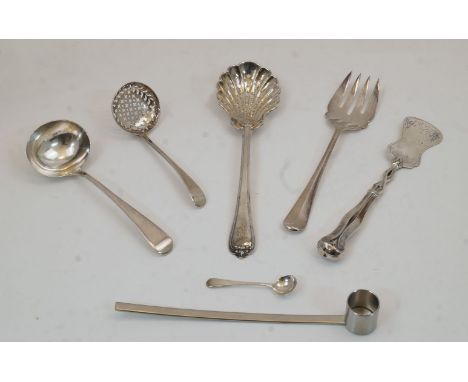 A small group of silver sifting and serving implements, comprising: a George III silver sugar sifting spoon, London, 1815, So