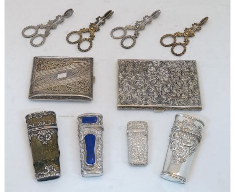 A group of silver and white metal, comprising: a silver etui, hallmarked London, date marks rubbed, engraved Simpson 36? Stra