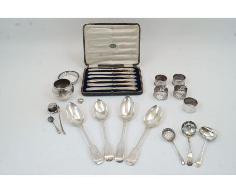 A group of silver oddments and flatware, to include: two fiddle pattern table spoons by Charles Boyton, one London, 1838, the