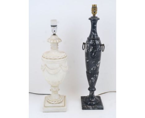 A marble urn shaped lamp base, 19th century, with reeded neck and rope twist to the shoulder, the body with swags of drapery 