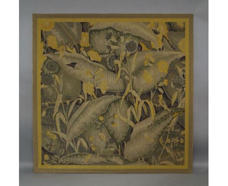 A large floral woven tapestry, 20th century, of a field of sunflowers with birds and other foliage, 176.5cm x 176.5cm Please 