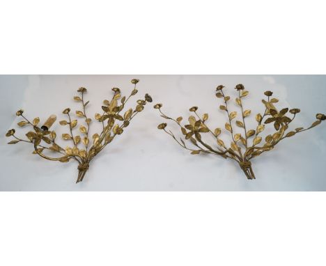 A pair of gilt-metal twin-light wall appliques, mid 20th century, each with leafy branches and flower-head terminals, 56cm hi