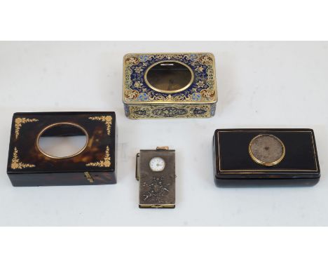Two French aide memoire cases, late 19th/early 20th century, one in white metal and brass, inset with miniature timepiece, th