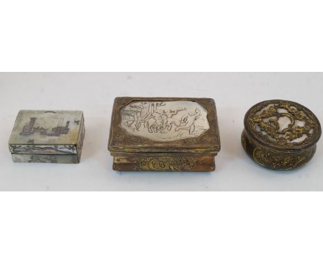 A group of three gilt-metal mounted mother-of-pearl snuff boxes, 19th century, comprising: a rectangular box inset with figur