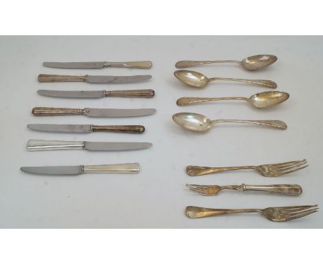 A group of silver plate, comprising: four Old English pattern tablespoons, by Rodgers; a Mappin & Webb dessert fork, damaged;