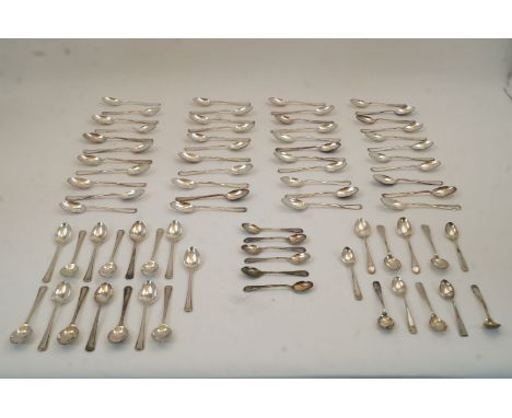 A quantity of silver plated flatware, comprising: 43 Hanoverian pattern teaspoons by Mappin & Webb (comprising 24 smaller and