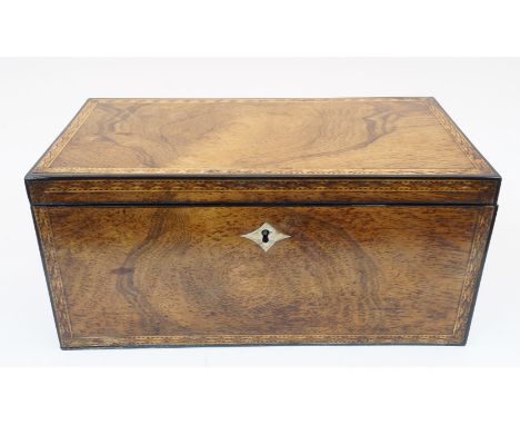 A George III figured walnut and ebony strung tea caddy, the lid and body with fruitwood parquetry inlaid border, with brass h