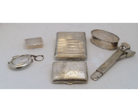 A group of silver, comprising:  an engine turned cigarette case, Birmingham, 1928, Joseph Gloster Ltd, with vacant cartouche 