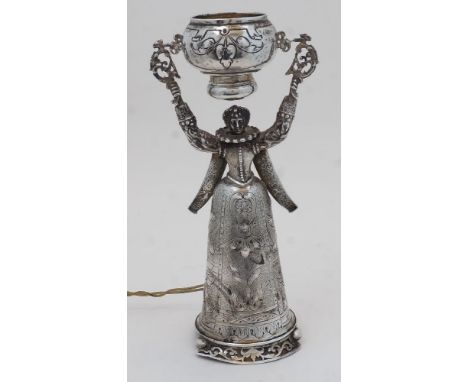 A Continental silver oil lamp, later converted to electricity, stamped 925 and with import marks, 1912, Berthold Hermann Mull