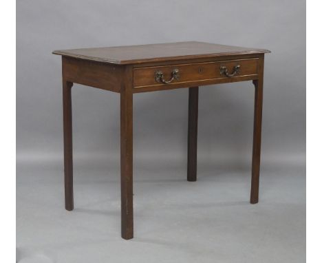 A George III mahogany side table, rectangular top above single drawer, raised on chamfered legs, 76cm high, 88cm wide, 54cm d