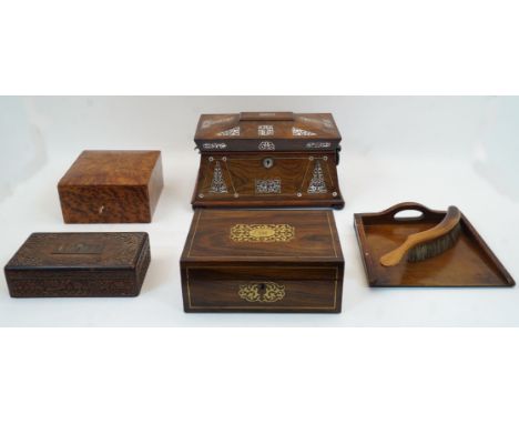 An early Victorian mother-of-pearl inlaid rosewood tea caddy, c.1840, of sarcophagus form, the fitted interior with twin subs