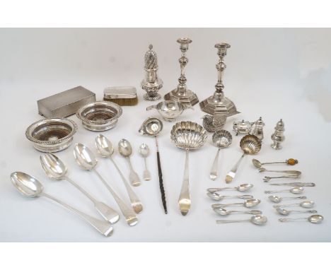 A group of silver, to include: a George III ladle, London, 1814, JC, with scalloped bowl, 32cm long; a Victorian fiddle patte