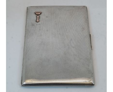 An engine-turned cigarette case, the interior stamped 925, makers mark EB, and with presentation signature and date Dec 28 54