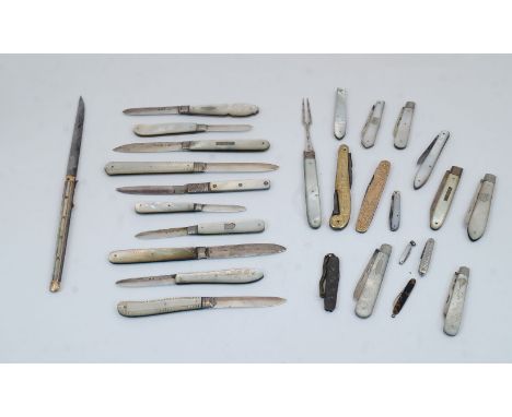 A collection of twenty six pen knives, 19th-20th century, including: thirteen mother-of-pearl and silver examples, a gold dou