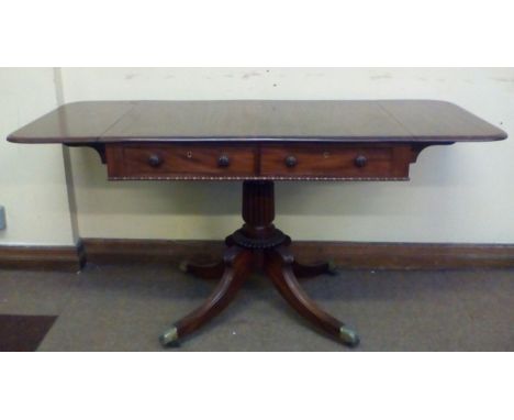 Regency period drop leaf sofa table, moulded rectangular top with two frierze drawers with two opposing dummy drawers over a 