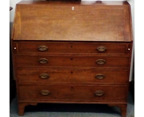 Georgian mahogany writing bureau, fall front enclosing a well-fitted interior over four graduating drawers, raised on bracket