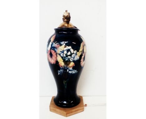 Walter Moorcroft lamp on a home made plinth, total height of ceramic only-31cm total height with plinth and attachment-41cm 