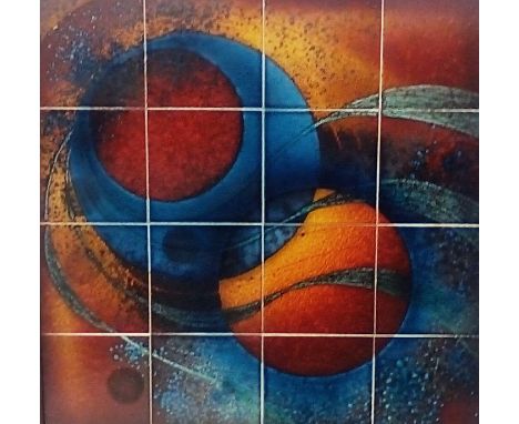 A 16 tile panel framed art work by Alan Clarke, Poole pottery designer. Each tile measures 15x15cm Total dimensions with fram