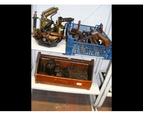 Collectable old tools, blow lamps together with weights (contained over two shelves)