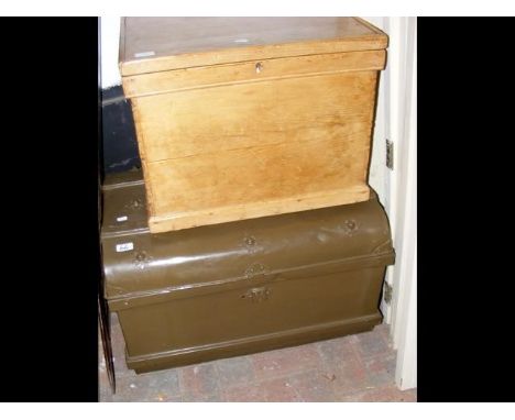 A small antique pine storage box, together with a metal storage trunk 