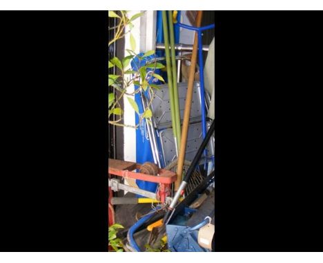 A toolbox, garden tools, step ladder etc